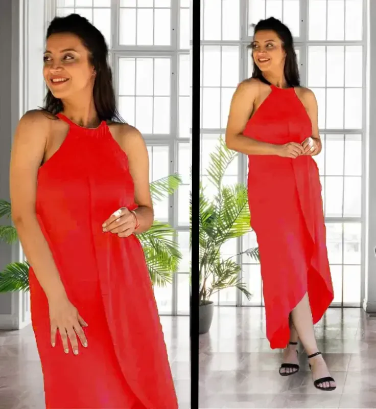 Neck Strappy Dress Crisscross Cut Viscose Fabric Dress - 2