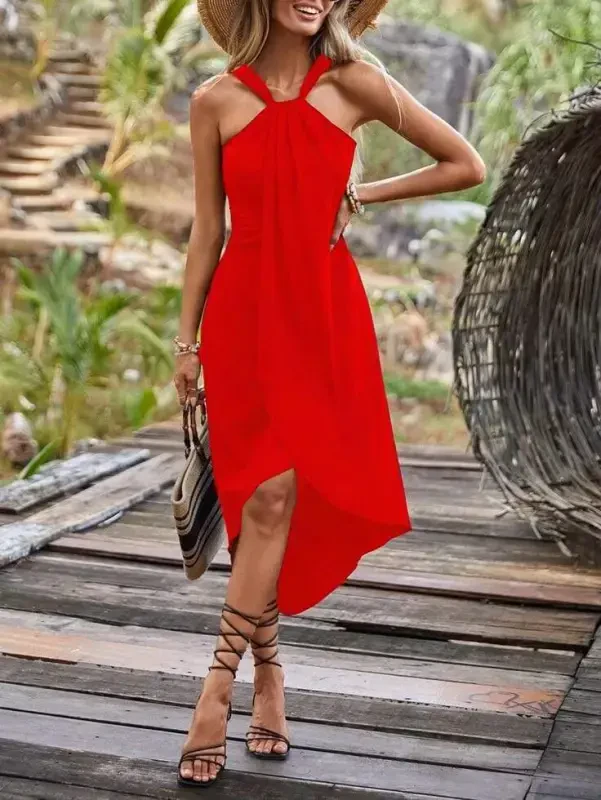 Neck Strappy Dress Crisscross Cut Viscose Fabric Dress - 5