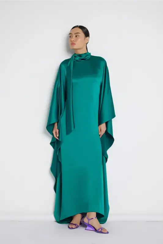 Neck Tie Satin Dress Emerald Green-Emerald Green - NUUM DESIGN