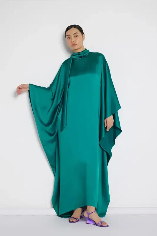 Neck Tie Satin Dress Emerald Green-Emerald Green - 2