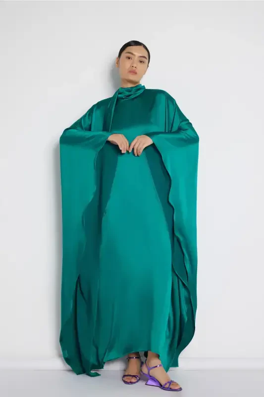 Neck Tie Satin Dress Emerald Green-Emerald Green - 3