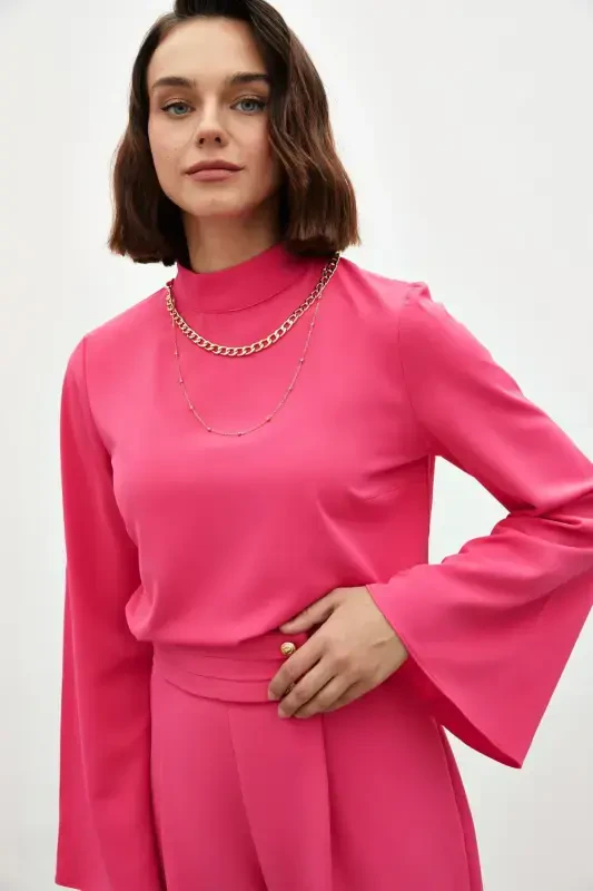 Necklace Spanish Sleeve Blouse - Fuchsia - SATEEN
