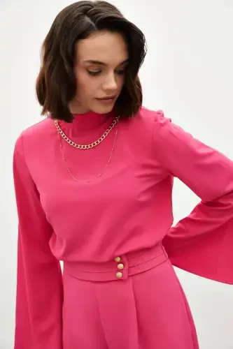 Necklace Spanish Sleeve Blouse - Fuchsia - 6