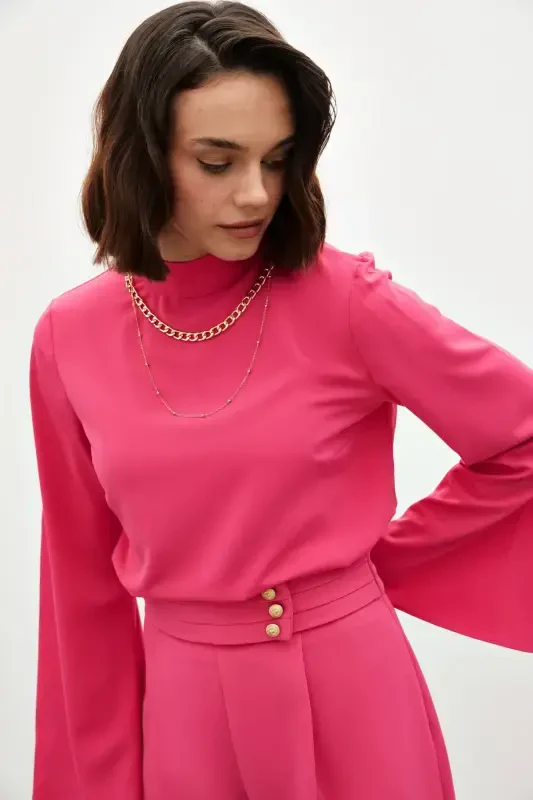 Necklace Spanish Sleeve Blouse - Fuchsia - 6