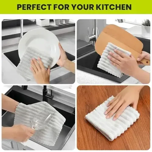 Neessno Kitchen Dish Cloths,Super Absorbent Coral Velvet Dish Towels,Quick Drying Kitchen Towels No Lint Dish Rags,Reusable Household Microfiber Cleaning Cloth,12X12 inches(12 Pack,Light Grey Streak) - 4