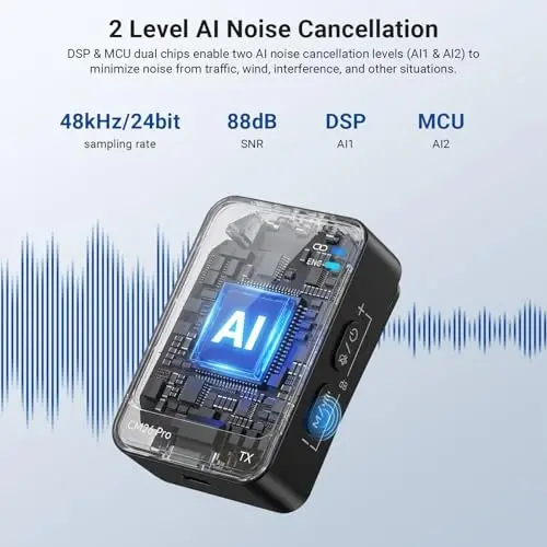 NEEWER CM26 Pro AI Wireless Microphone Compatible with iPhone Android Phone Camera PC, Lavalier Lapel Mic DSP/MCU Noise Cancellation Mute Gain Low Cut 48KHz/24Bit 88dB SNR 50H Battery 100m Range - 2
