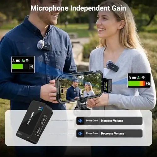 NEEWER CM26 Pro AI Wireless Microphone Compatible with iPhone Android Phone Camera PC, Lavalier Lapel Mic DSP/MCU Noise Cancellation Mute Gain Low Cut 48KHz/24Bit 88dB SNR 50H Battery 100m Range - 3