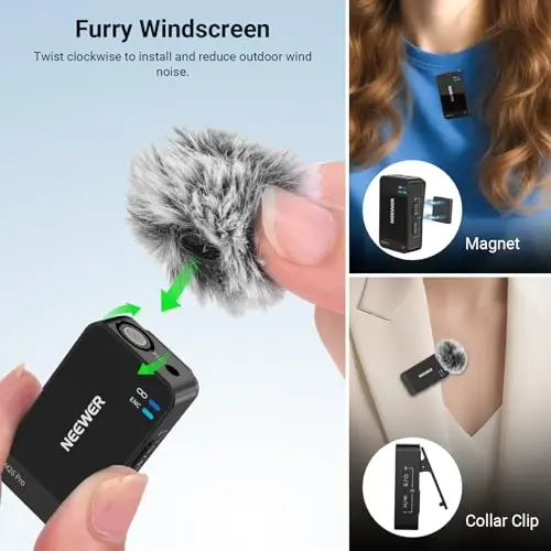NEEWER CM26 Pro AI Wireless Microphone Compatible with iPhone Android Phone Camera PC, Lavalier Lapel Mic DSP/MCU Noise Cancellation Mute Gain Low Cut 48KHz/24Bit 88dB SNR 50H Battery 100m Range - 4