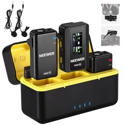 NEEWER CM28 Беспроводная петличная микрофонная система с зарядным чехлом, 2 зажима для микрофона, шумоподавление в 1 клик, хранилище 4 ГБ, 9 ч воспроизведения, петличный микрофон, совместимый с iPhone/Android/ПК/камерой/iPad - 1