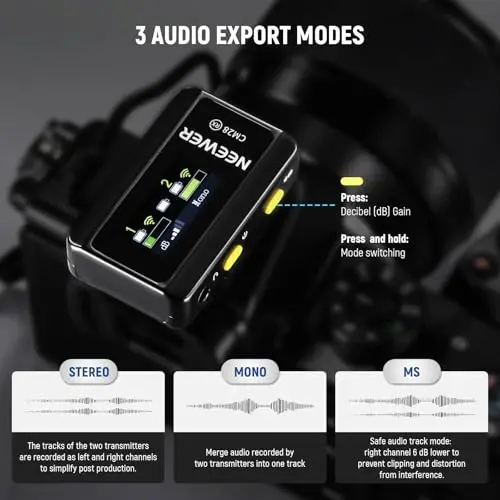 NEEWER CM28 Беспроводная петличная микрофонная система с зарядным чехлом, 2 зажима для микрофона, шумоподавление в 1 клик, хранилище 4 ГБ, 9 ч воспроизведения, петличный микрофон, совместимый с iPhone/Android/ПК/камерой/iPad - 2