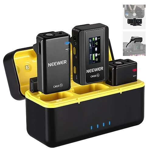 NEEWER CM28 (1 RX + 2 TX + Charging Case), Wireless Lavalier Microphone, Smart Noise Cancelling, 48KHz/16Bit 9 Hrs Uncompressed Recording, 656ft/200m Range, Lav Mic for iPhone, Android, Camera - NEEWER