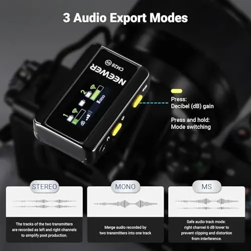 NEEWER CM28 (1 RX + 2 TX + Charging Case), Wireless Lavalier Microphone, Smart Noise Cancelling, 48KHz/16Bit 9 Hrs Uncompressed Recording, 656ft/200m Range, Lav Mic for iPhone, Android, Camera - 4