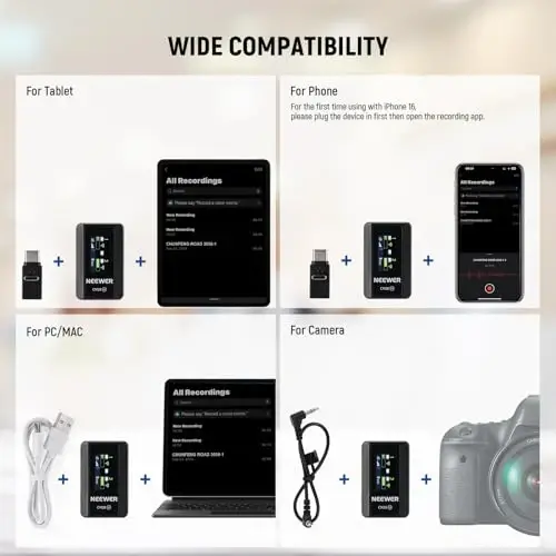 NEEWER CM28 Wireless Lavalier Microphone System, 1 Click Noise Canceling, 4GB Storage for 9Hrs of 48KHz 16 Bit Uncompressed Audio, Lapel Mic Compatible with iPhone/Android/PC/Camera/iPad - 6