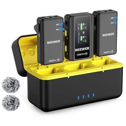 NEEWER CM28 PRO Wireless Lavalier Lapel Microphone System with Charging Case 48KHz 16 Bit Uncompressed Audio Noise Canceling 4GB Storage 9Hrs Recording Compatible with iPhone iPad Android Camera PC 