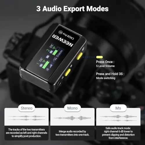 NEEWER CM28 PRO Wireless Lavalier Lapel Microphone System with Charging Case 48KHz 16 Bit Uncompressed Audio Noise Canceling 4GB Storage 9Hrs Recording Compatible with iPhone iPad Android Camera PC - 4