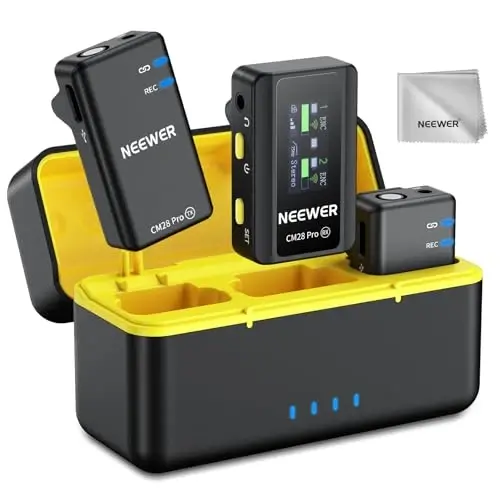 NEEWER CM28 PRO Wireless Lavalier Microphone + Charging Case & Cleaning Cloth, Noise Canceling 9Hrs Recording Mini Lapel Mic Compatible with iPhone iPad USB C Android Phone Camera PC Laptop Computer - 1