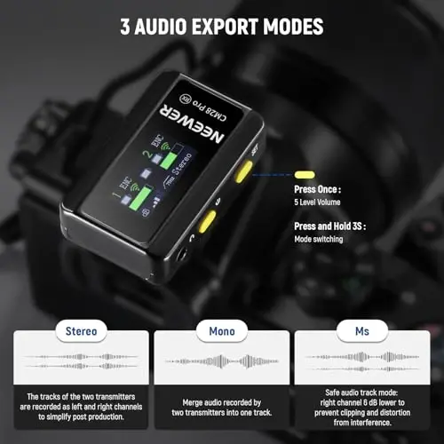 NEEWER CM28 PRO Wireless Lavalier Microphone + Charging Case & Cleaning Cloth, Noise Canceling 9Hrs Recording Mini Lapel Mic Compatible with iPhone iPad USB C Android Phone Camera PC Laptop Computer - 5