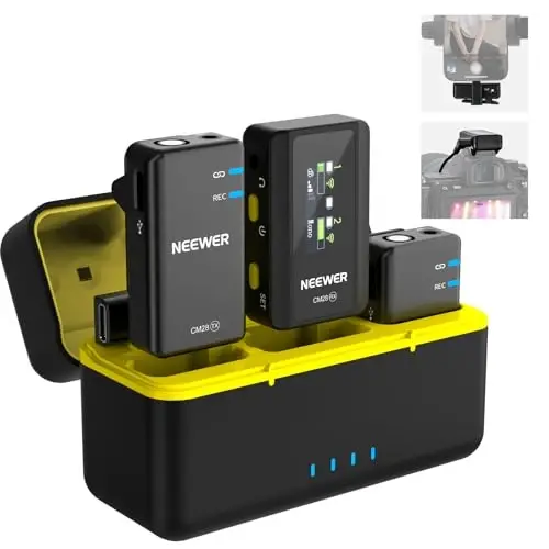 Neewer CM28 simsiz Lavalier mikrofon tizimi zaryadlovchi quti shovqinni bekor qilish 4GB saqlash joyi 9 soat yozib olish 48KHz 16 Bit siqilmagan audio lapel mikrofoni iPhone iPad Android PC kamerasi bilan mos 