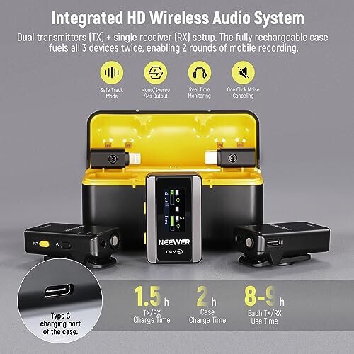 Neewer CM28 Wireless Lavalier Microphone System with Charging Case Noise Canceling 4GB Storage 9Hrs Recording 48KHz 16 Bit Uncompressed Audio Lapel Mic Compatible with iPhone iPad Android PC Camera - 3