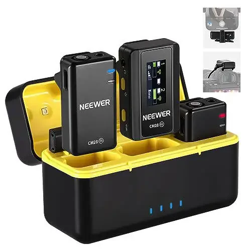 Neewer CM28 Wireless Lavalier Microphone System with Charging Case Noise Canceling 4GB Storage 9Hrs Recording 48KHz 16 Bit Uncompressed Audio Lapel Mic Compatible with iPhone iPad Android PC Camera - 1