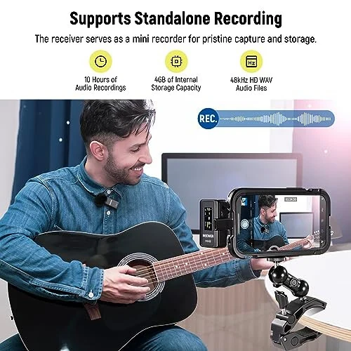 Neewer CM28 Wireless Lavalier Microphone System with Charging Case Noise Canceling 4GB Storage 9Hrs Recording 48KHz 16 Bit Uncompressed Audio Lapel Mic Compatible with iPhone iPad Android PC Camera - 4