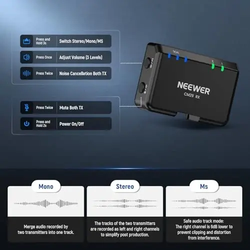 NEEWER CM29 Mini Wireless Microphone, 48KHz/24Bit Noise Cancelling Clip On Lav Mic, 25H Battery, 150m Range, Compatible with iPhone iPad Android DJI Insta360 Camera PC Mac (1RX+2TX+Charging Case) - 6