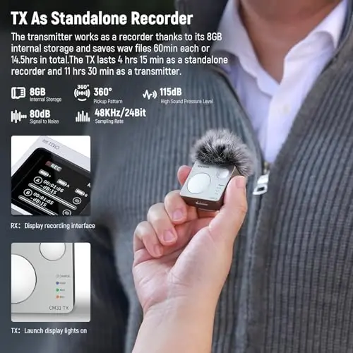 Neewer CM31 Kablosuz Yaka Mikrofonu, 8GB Depolama Alanı, 250m Menzil, 48KHz 24Bit Gürültü Önleme, iPhone iPad Android PC Kamera YouTube/TikTok Yayın Podcast Röportaj ile Uyumlu - 5