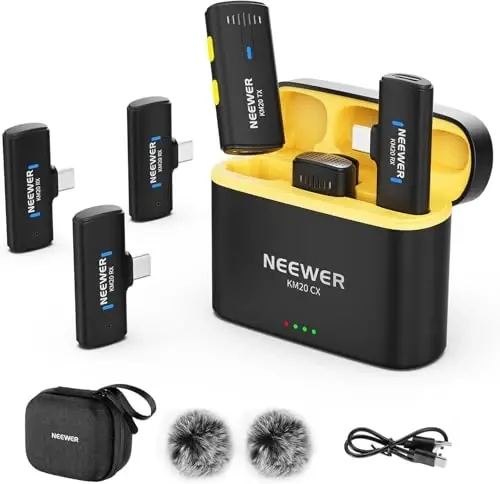 NEEWER Wireless Lavalier Microphone System for iPhone, Mini Clip on Lapel Mic Set with 2 USB C Transmitters/4 Receivers/OTG Adapter Compatible with iPhone Android Phone Computer Tablet, Black, KM20 - 1