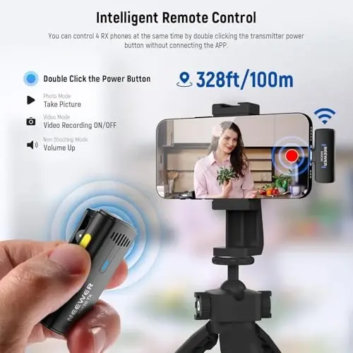 NEEWER Wireless Lavalier Microphone System for iPhone, Mini Clip on Lapel Mic Set with 2 USB C Transmitters/4 Receivers/OTG Adapter Compatible with iPhone Android Phone Computer Tablet, Black, KM20 - 5