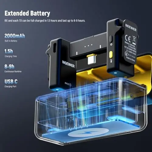 NEEWER KM15 Беспроводная петличная микрофонная система, совместимая с iPhone Android Phone PC Computer, Mini USB C шумоподавляющий петличный микрофон, дальность 300 м 48 кГц/24 бит 9 ч работы от аккумулятора для видеозаписи потоковой передачи - 6