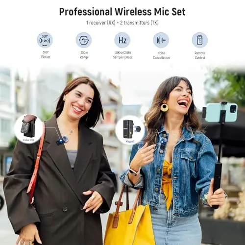 NEEWER KM15 Беспроводная петличная микрофонная система, совместимая с iPhone Android Phone PC Computer, Mini USB C шумоподавляющий петличный микрофон, дальность 300 м 48 кГц/24 бит 9 ч работы от аккумулятора для видеозаписи потоковой передачи - 2