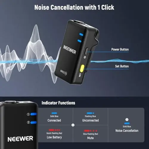 NEEWER KM15 Беспроводная петличная микрофонная система, совместимая с iPhone Android Phone PC Computer, Mini USB C шумоподавляющий петличный микрофон, дальность 300 м 48 кГц/24 бит 9 ч работы от аккумулятора для видеозаписи потоковой передачи - 3