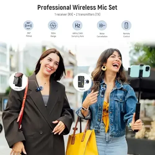 NEEWER KM15 Wireless Lavalier Microphone System Compatible with iPhone Android Phone PC Computer, Mini USB C Noise Cancelling Lapel Mic, 300m Range 48KHz/24Bit 9H Battery for Video Recording Streaming - 2