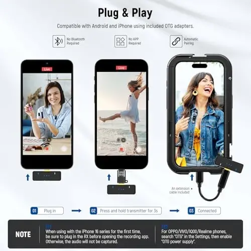 NEEWER KM15 Wireless Lavalier Microphone System Compatible with iPhone Android Phone PC Computer, Mini USB C Noise Cancelling Lapel Mic, 300m Range 48KHz/24Bit 9H Battery for Video Recording Streaming - 4