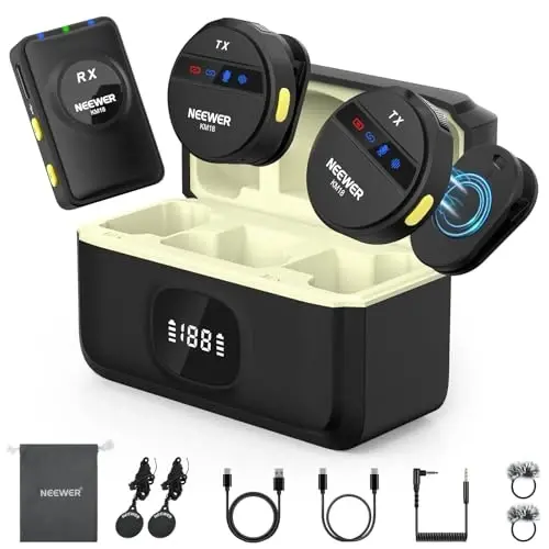 NEEWER KM18 Wireless Microphone with USB C Charging Case OTG 48KHz 24Bit 20H Battery 3.5mm TRS 150m Range Noise Cancelling Mini Lapel Lavalier Mic Compatible with Camera iPhone Android Phone Laptop PC 