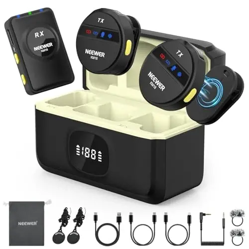 NEEWER KM18 Wireless Microphone with USB C Charging Case OTG 48KHz 24Bit 20H Battery 3.5mm TRS 150m Range Noise Cancelling Mini Lapel Lavalier Mic Compatible with Camera iPhone Android Phone Laptop PC - NEEWER
