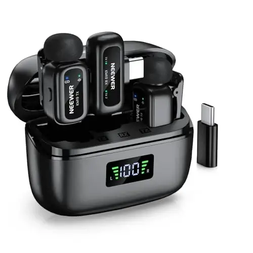 NEEWER KM19 Lightweight Wireless Lapel Microphone, 48kHz/24bit 30H Battery 3-Level Noise Cancelling Mute Stereo 100m Range Mini Lav Mic with App Control, Compatible with iPhone Android Phone PC - 1