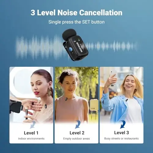 NEEWER KM19 Lightweight Wireless Lapel Microphone, 48kHz/24bit 30H Battery 3-Level Noise Cancelling Mute Stereo 100m Range Mini Lav Mic with App Control, Compatible with iPhone Android Phone PC - 4