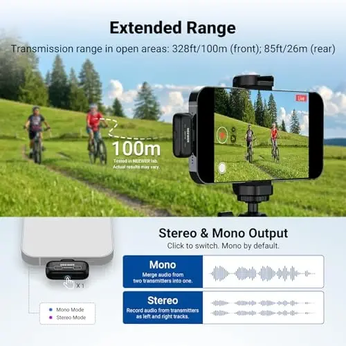 NEEWER KM19 Lightweight Wireless Lapel Microphone, 48kHz/24bit 30H Battery 3-Level Noise Cancelling Mute Stereo 100m Range Mini Lav Mic with App Control, Compatible with iPhone Android Phone PC - 5