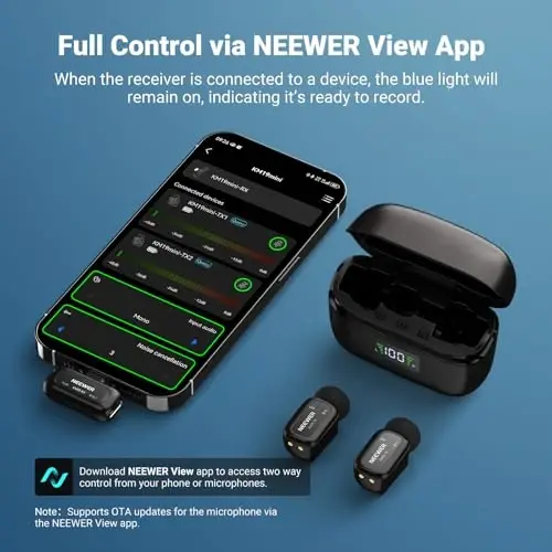 NEEWER KM19 Lightweight Wireless Lapel Microphone, 48kHz/24bit 30H Battery 3-Level Noise Cancelling Mute Stereo 100m Range Mini Lav Mic with App Control, Compatible with iPhone Android Phone PC - 5