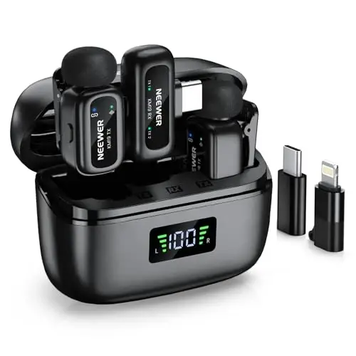 NEEWER KM19 Lightweight Wireless Lapel Microphone, 48kHz/24bit 30H Battery 3-Level Noise Cancelling Mute Stereo 100m Range Mini Lav Mic with App Control, Compatible with iPhone Android Phone PC - 1