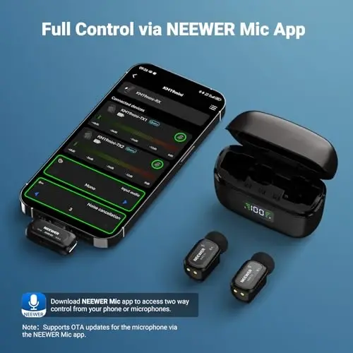 NEEWER KM19 Lightweight Wireless Lapel Microphone, 48kHz/24bit 30H Battery 3-Level Noise Cancelling Mute Stereo 100m Range Mini Lav Mic with App Control, Compatible with iPhone Android Phone PC - 5
