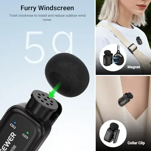 NEEWER KM19B Wireless Lavalier Microphone Transmitter with App Control, 10Hrs Battery, Noise Cancelling Magnetic Mini Clip On Lapel Lav Mic for iPhone Android Phone Video Recording Streaming Vlogging - 2