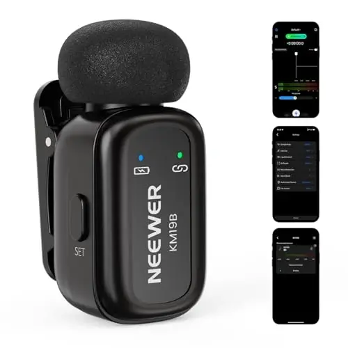 NEEWER KM19B Wireless Lavalier Microphone Transmitter with App Control, 10Hrs Battery, Noise Cancelling Magnetic Mini Clip On Lapel Lav Mic for iPhone Android Phone Video Recording Streaming Vlogging - NEEWER