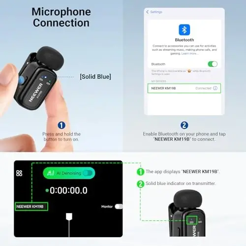 NEEWER KM19B Wireless Lavalier Microphone Transmitter with App Control, 10Hrs Battery, Noise Cancelling Magnetic Mini Clip On Lapel Lav Mic for iPhone Android Phone Video Recording Streaming Vlogging - 3
