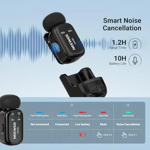 NEEWER KM19B Wireless Lavalier Microphone Transmitter with App Control, 10Hrs Battery, Noise Cancelling Magnetic Mini Clip On Lapel Lav Mic for iPhone Android Phone Video Recording Streaming Vlogging - 4