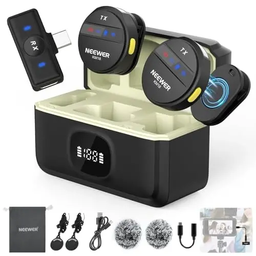 NEEWER Simsiz Lavalier Mikrofon Tizimi iPhone Android Telefon Kompyuter Noutbuk Bilan Mos Keladi, USB C OTG Zaryadlash Qutisi Bilan Shovqinni Bekor Qiluvchi Mini Lapel Mikrofon To'plami 24 soat Batareya 200m Uzoq Masofa, KM18 - 1