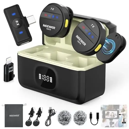 NEEWER Wireless Lavalier Microphone System Compatible with iPhone Android Phone PC Laptop Computer, Noise Cancelling Mini Lapel Mic Set with USB C OTG Charging Case 24H Battery 200m Long Range, KM18 - 1