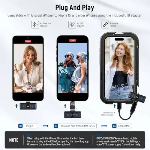 NEEWER Wireless Lavalier Microphone System Compatible with iPhone Android Phone PC Laptop Computer, Noise Cancelling Mini Lapel Mic Set with USB C OTG Charging Case 24H Battery 200m Long Range, KM18 - 4