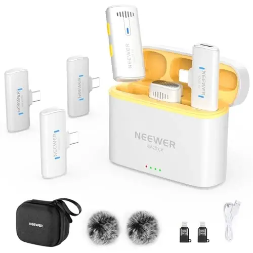 NEEWER Wireless Lavalier Microphone System for iPhone, Mini Clip on Lapel Mic Set with 2 USB C Transmitters/4 Receivers/OTG Adapter Compatible with iPhone Android Phone Computer Tablet, White, KM20 - 1